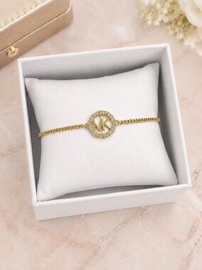 Michael Kors Gold Tone Crystal MK Logo Slider Bracelet Adjustable NWT
